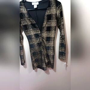 NWT dressy romper - velvet black sparkly gold plaid designer inspired